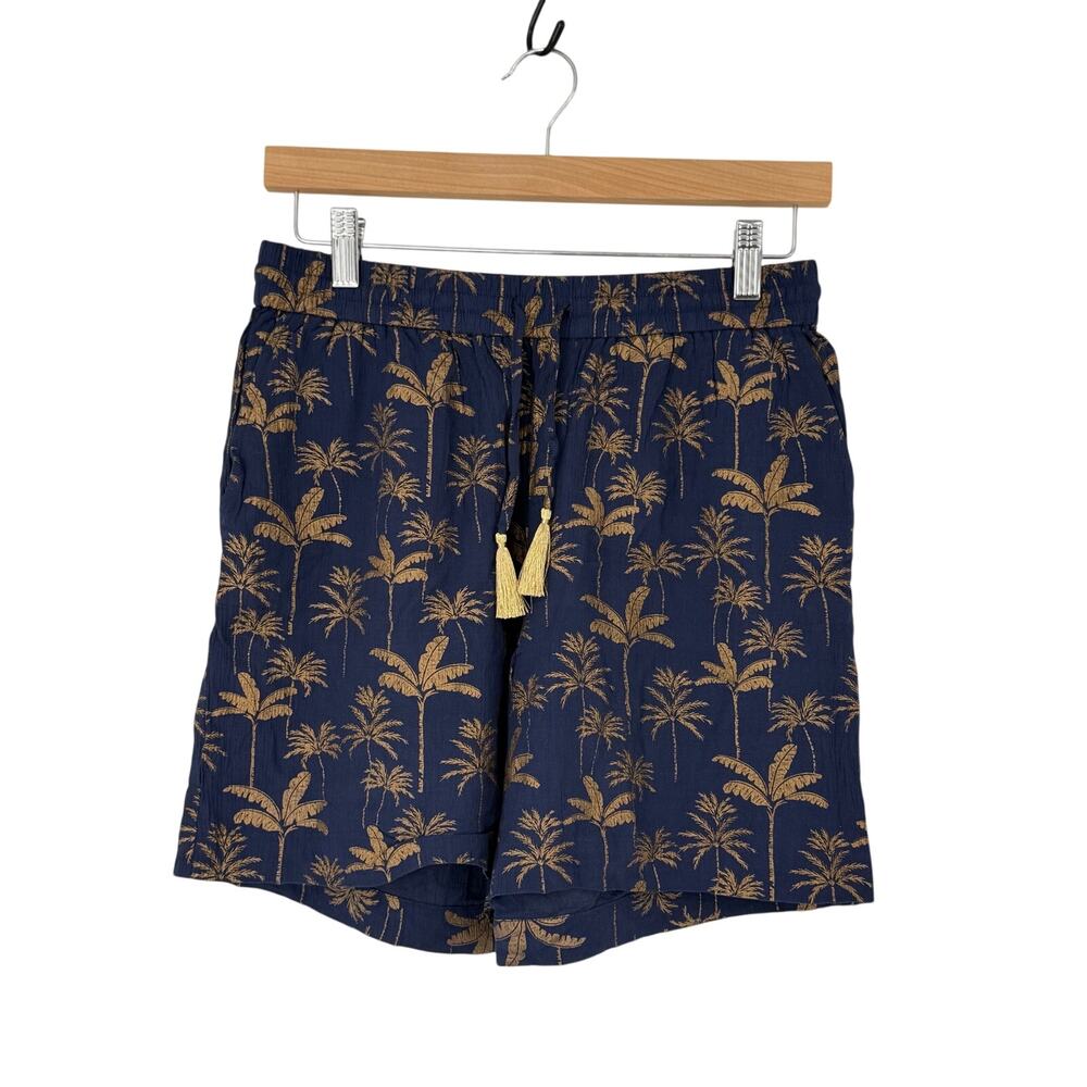 Boden Palm Tree Pull On Shorts Navy Blue Tropical Tassel Waist Relaxed Fit US 4